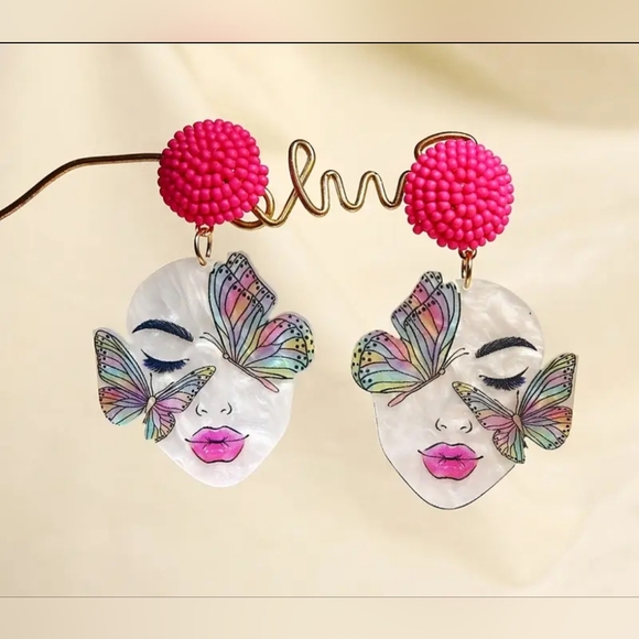 NEW! 2 For 25$ Pink and Multicolor Butterfly Face Earrings NEW - Picture 1 of 2